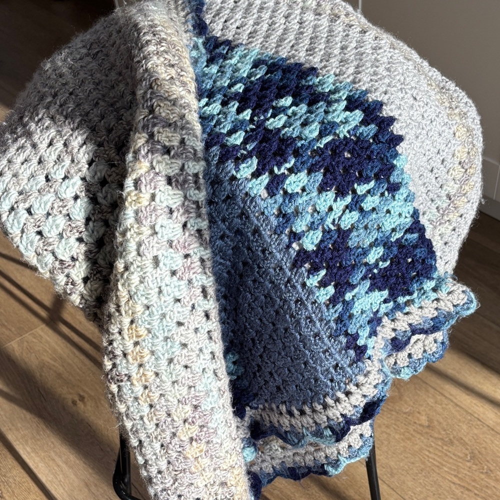 Handmade Crochet Blanket in Blue and Gray